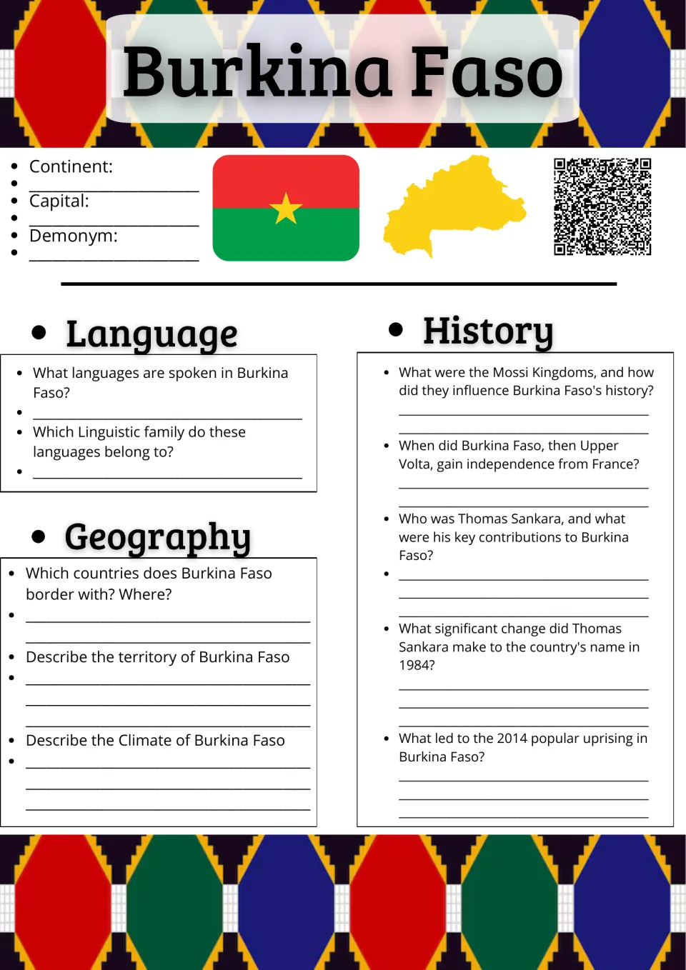 Burkina Faso country study: students research its languages, borders, climate, Mossi Kingdoms and Thomas Sankara