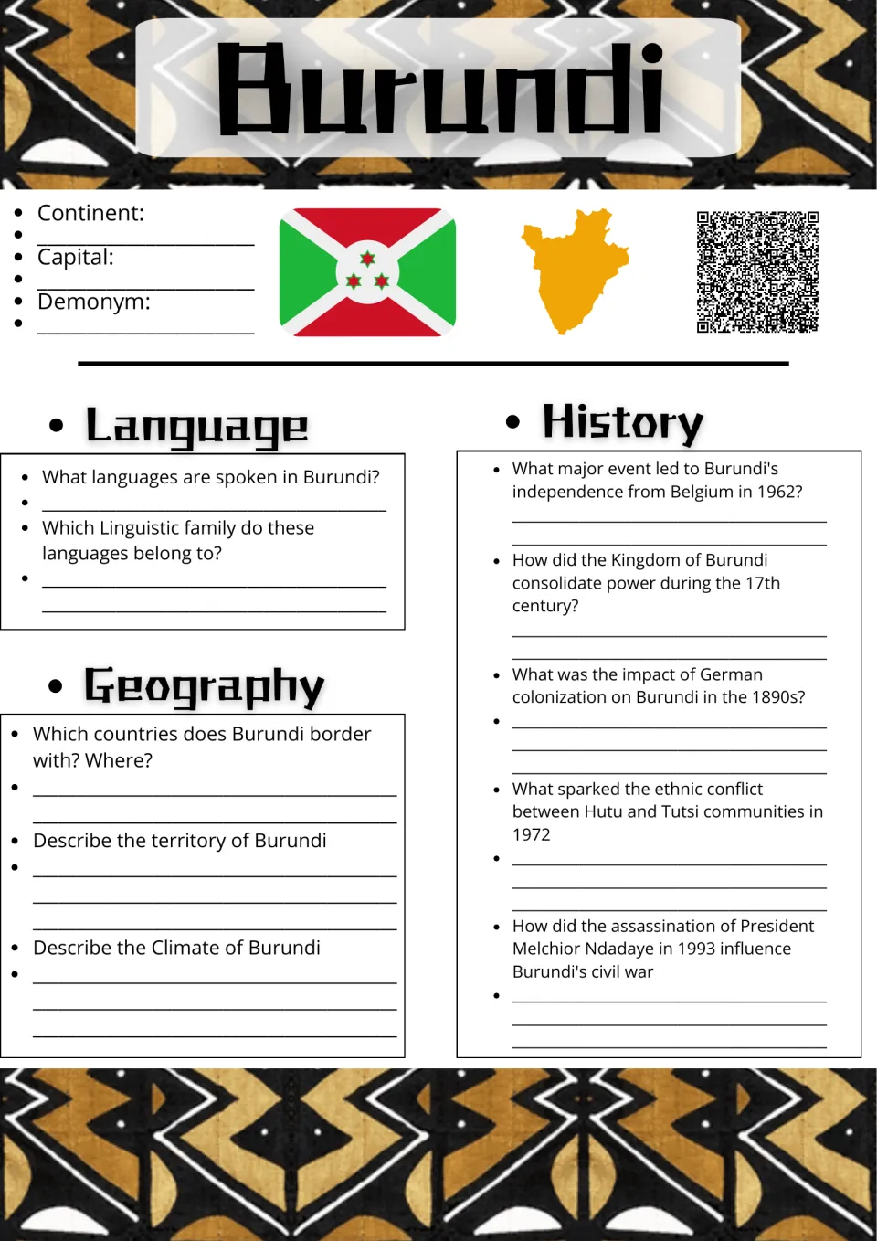 Burundi research worksheet, part 1: country facts and questions about language, geography, and history.