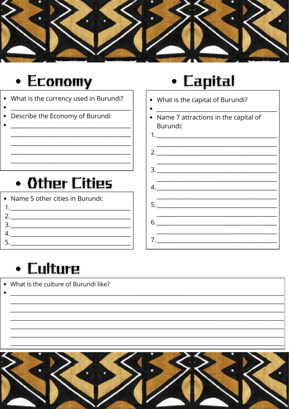 Burundi research worksheet, part 2: economy, seven capital attractions, five other cities, and culture.