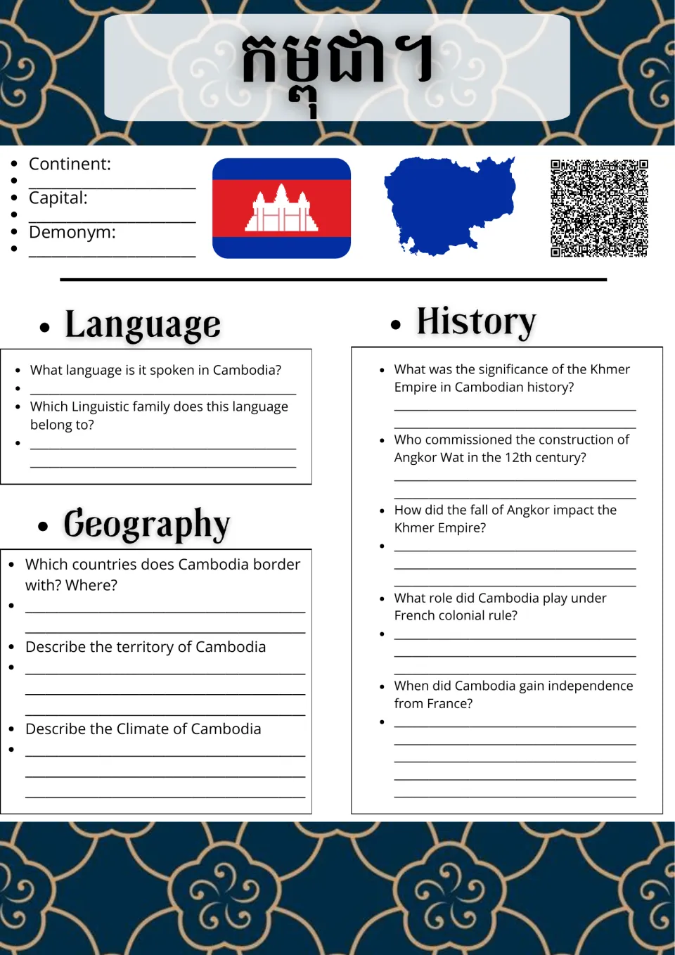 Cambodia country study: students note capital and demonym, answer language, geography and Khmer Empire history questions