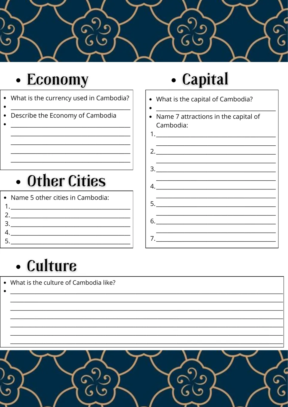 Cambodian economy and capital: students name the currency, 7 attractions and 5 other cities, then describe the culture