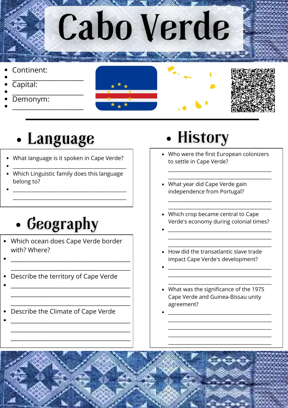 Cabo Verde country study: students research capital, language, geography and history from colonization to 1975