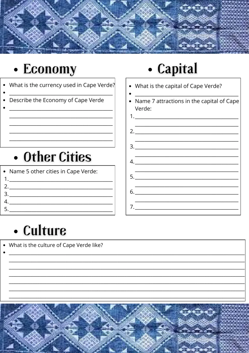 Cape Verde economy and culture: students name the currency, list 5 other cities and 7 attractions in the capital