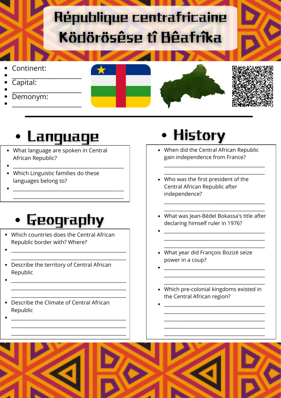 Central African Republic study: students note capital and demonym, then answer language, geography and history questions