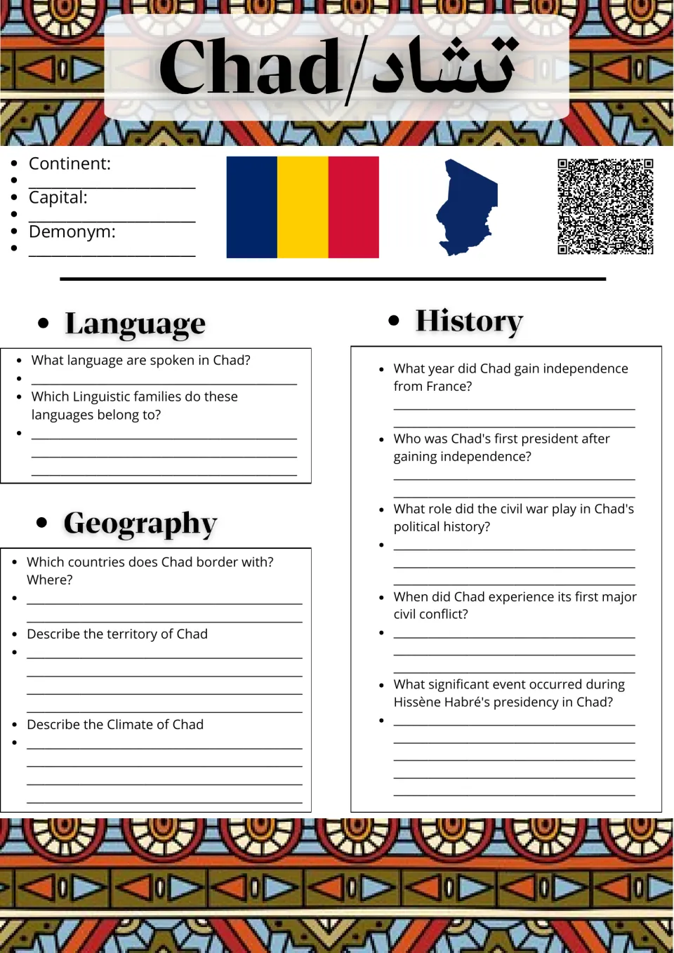 Chad country study with flag and map: students answer questions on languages, borders, territory, climate and history