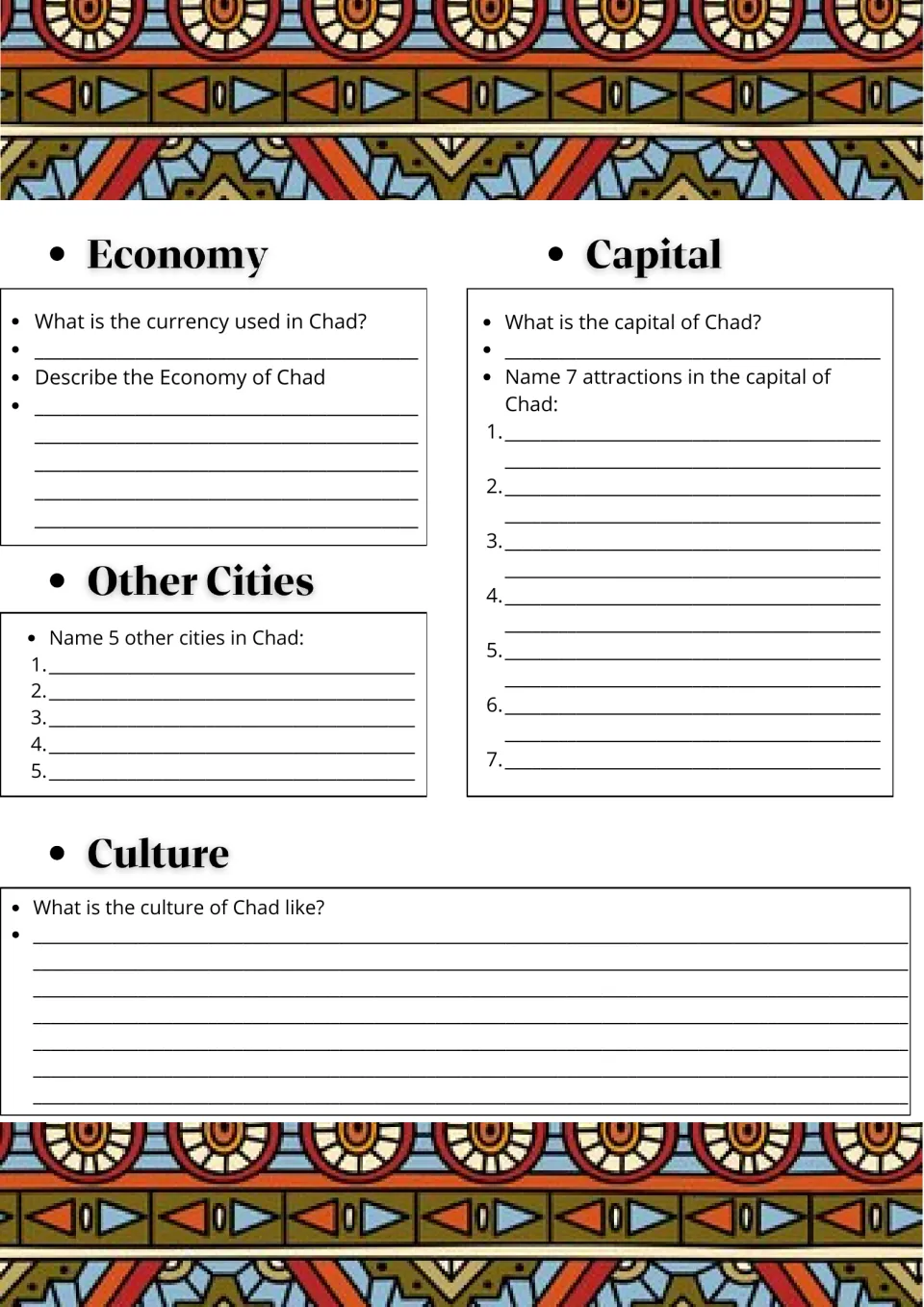 Chad economy and culture: students give the currency, the capital, 7 of its attractions and 5 other cities