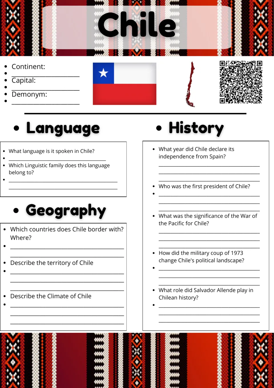 Chile country study: students answer questions on language, geography and history, including the 1973 military coup