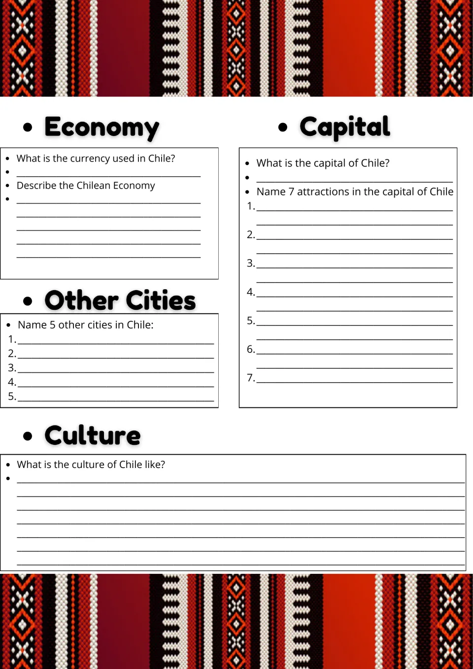 Chile economy and culture: students name the currency, list 5 cities and 7 sights in the capital, and describe culture