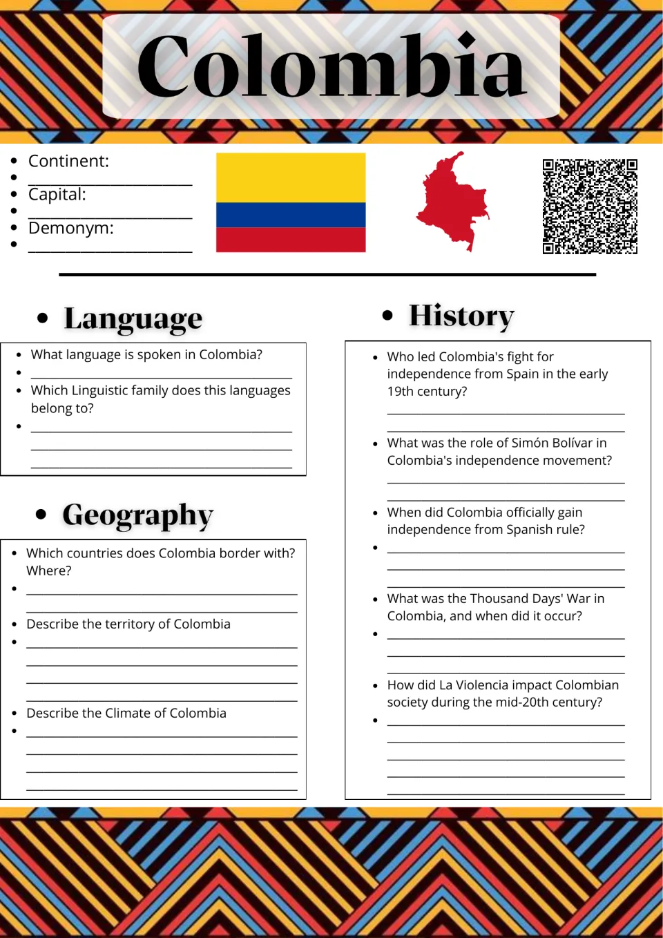 Colombia country study: students research language, borders, climate and history from Bolívar to La Violencia