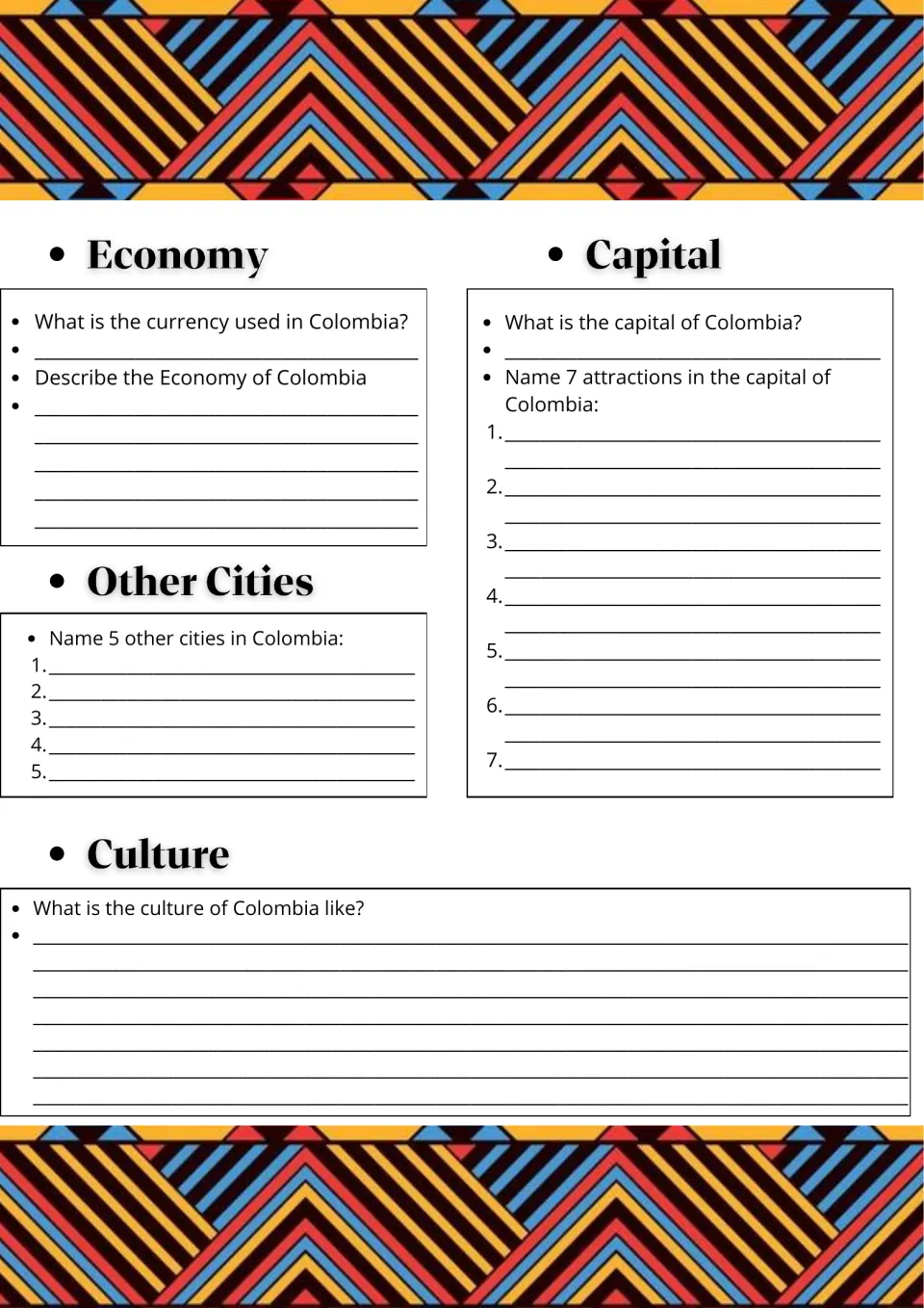 Colombia economy and culture: students name the currency, the capital and 7 of its attractions, plus 5 other cities