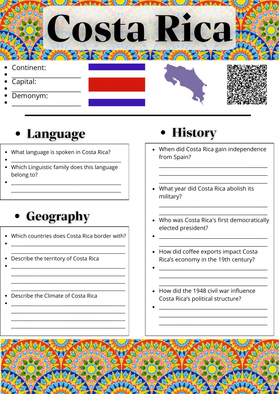 Costa Rica research: students record capital and demonym, then answer language, geography and history questions