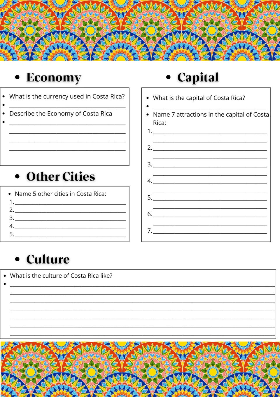 Costa Rica economy: students name the currency, 5 other cities and 7 capital attractions, then describe the culture