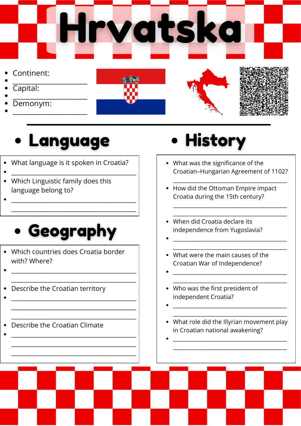 Hrvatska country study: students answer questions on Croatia's language, geography and history, from 1102 to independence