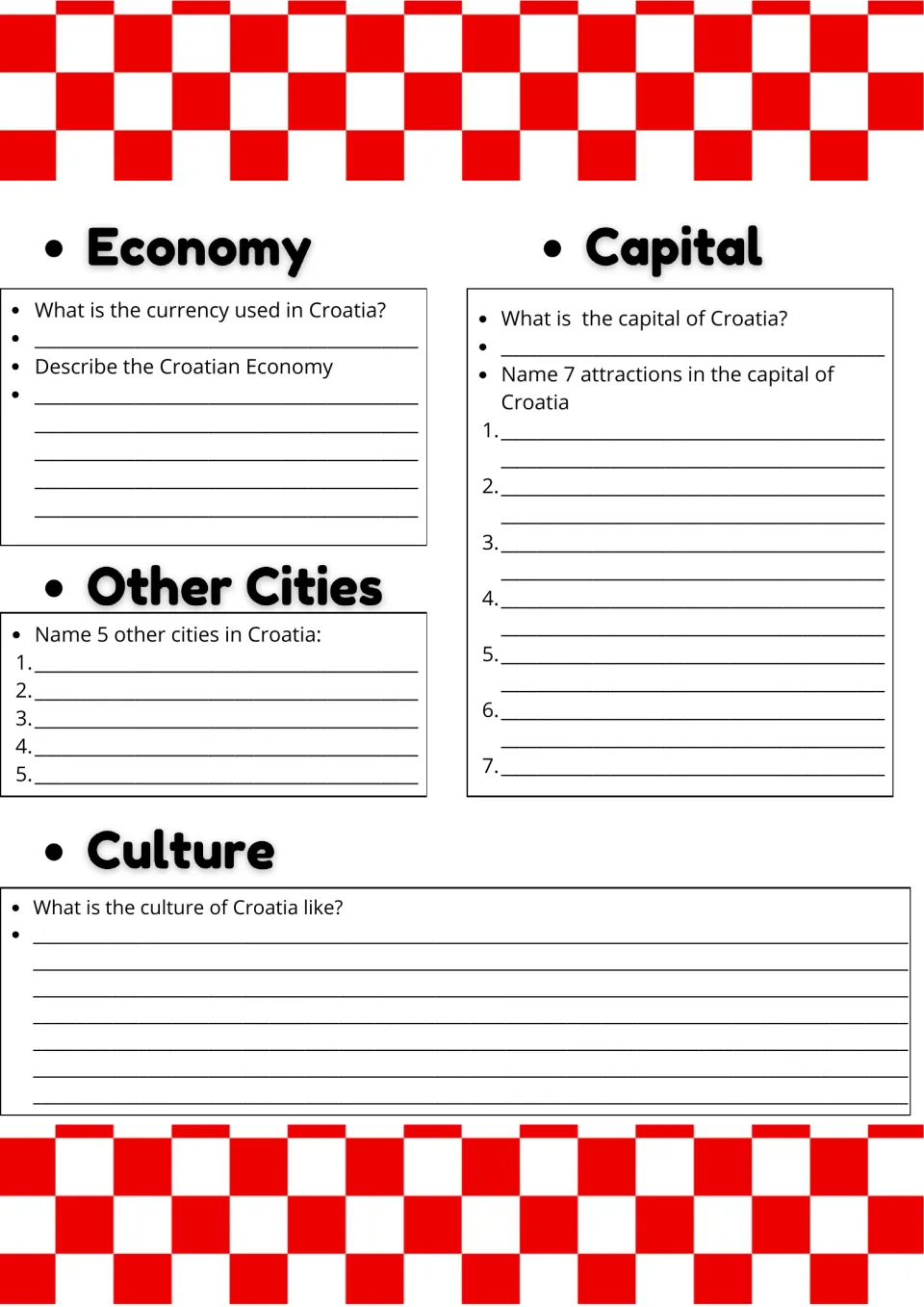 Croatia economy and culture: students name the currency, 5 other cities and 7 capital attractions, then describe culture