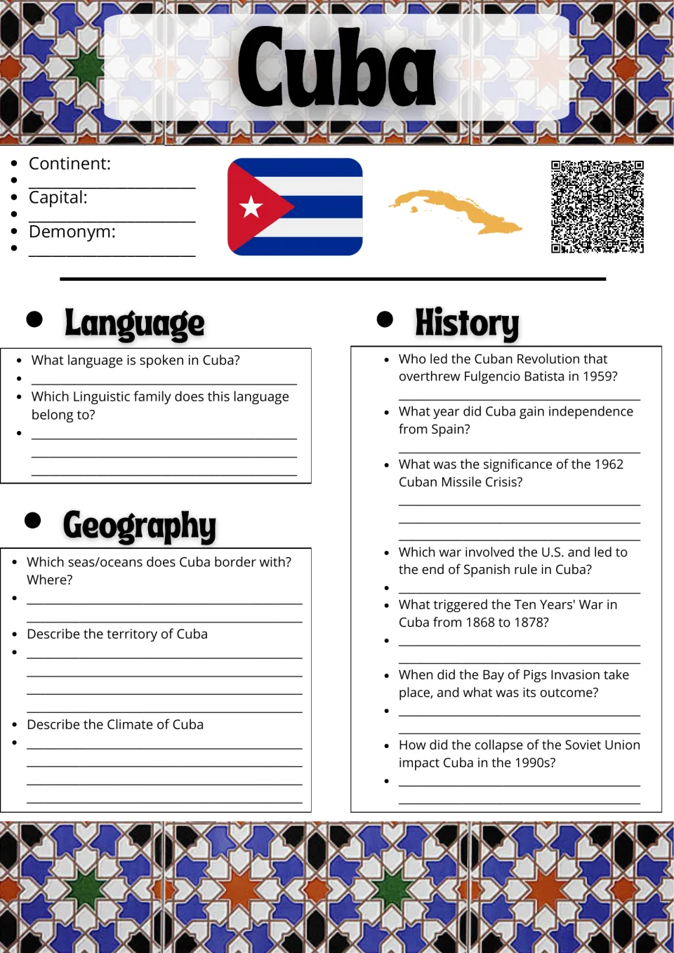 Cuba country study: students note continent, capital and demonym, then answer language, geography and history questions