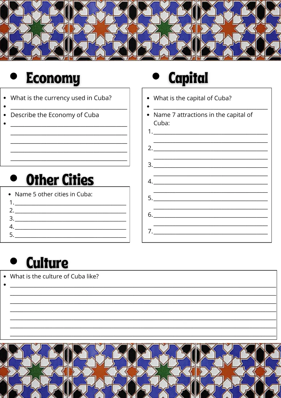 Cuba economy, cities and culture: students name the currency and capital, list 5 cities and 7 capital attractions