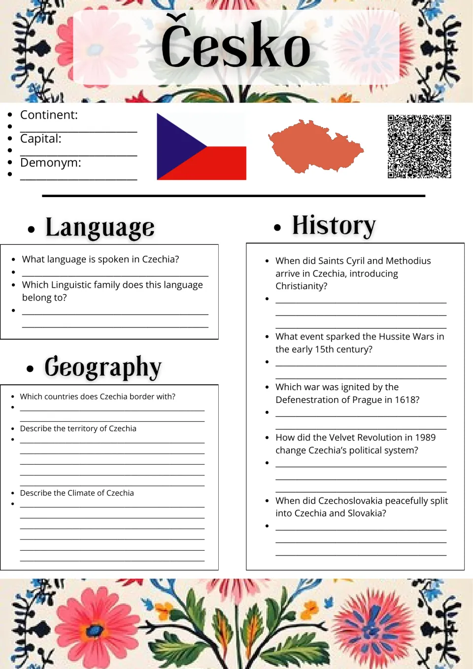 Česko country study: students note capital and demonym, then answer language, geography and Czech history questions