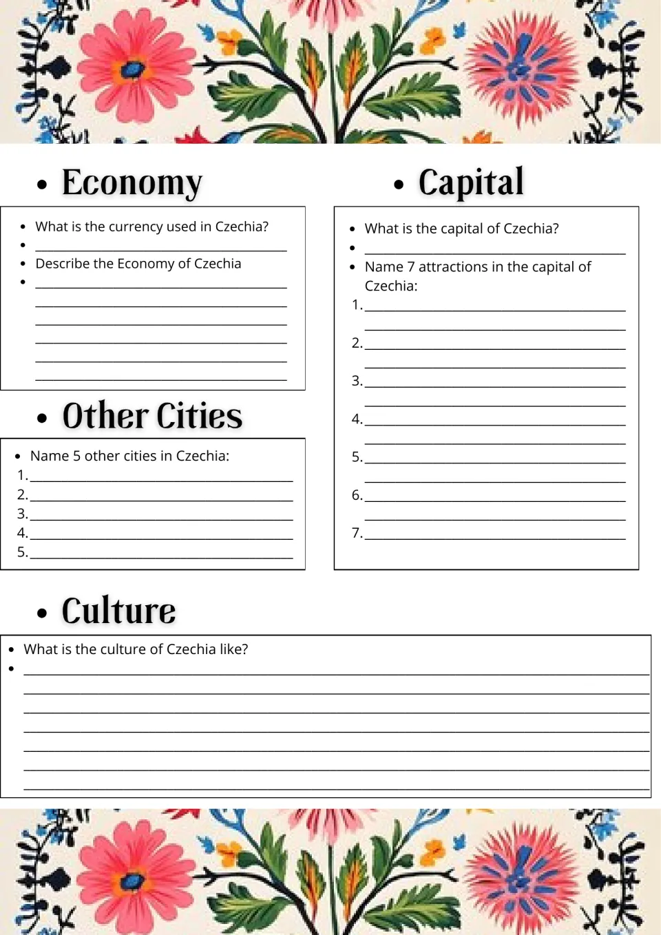 Czechia economy and capital: students name the currency, 7 sights in the capital, 5 other cities and describe Czech culture