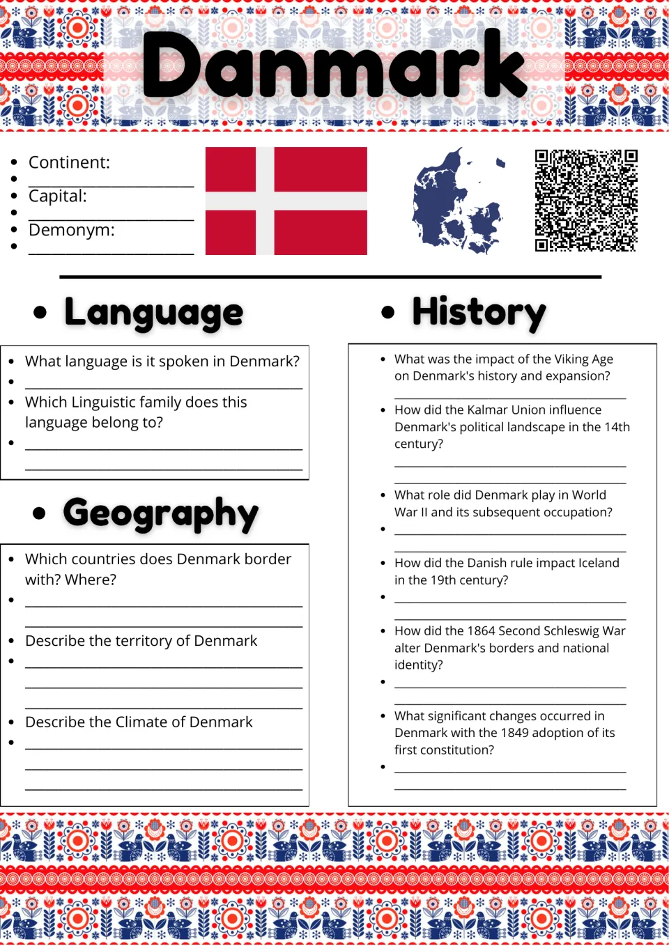 Denmark country study: students note continent and capital, then research language, borders, climate and Danish history