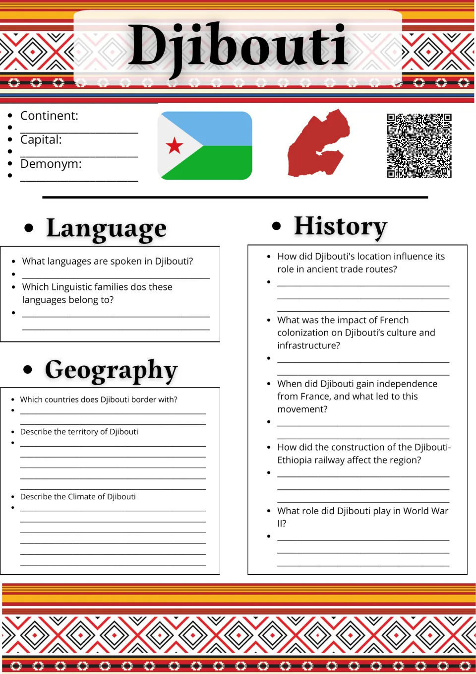 Djibouti country study, page 1: continent, capital, demonym, languages, geography, and history questions
