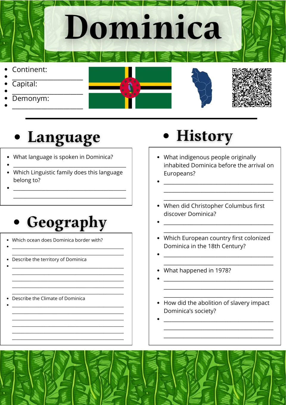 Dominica country study: students research its language, geography, climate and history from Columbus to 1978