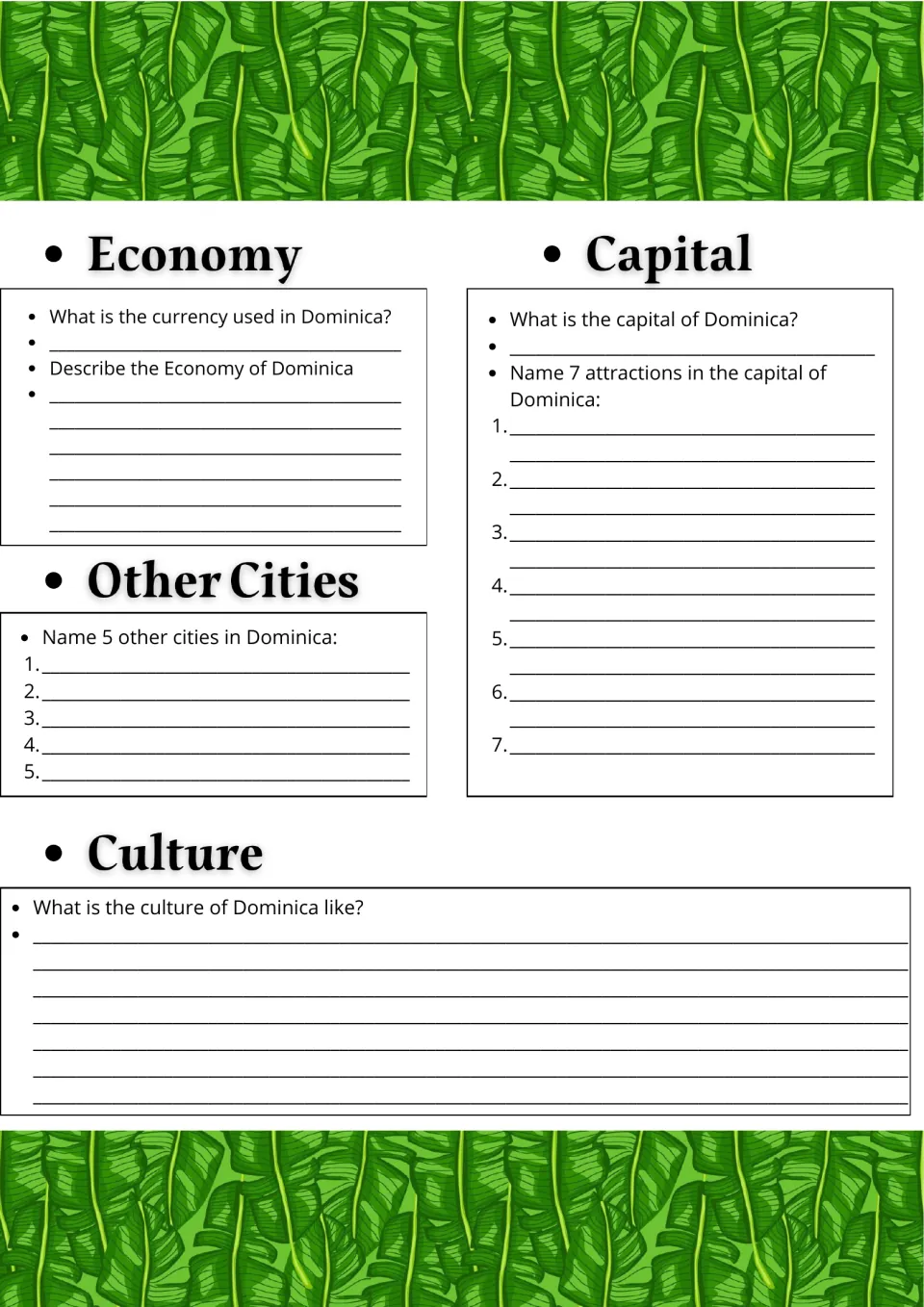 Dominica economy and culture: students name its currency, capital, 5 other cities and 7 attractions in the capital