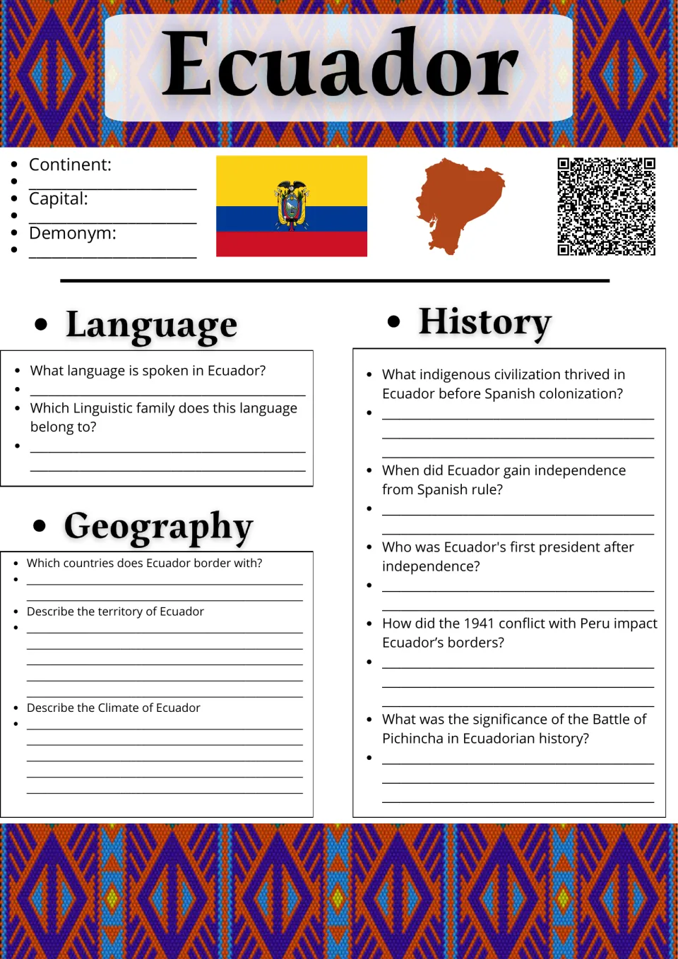 Ecuador country study: students note capital and demonym, then answer language, geography and history questions
