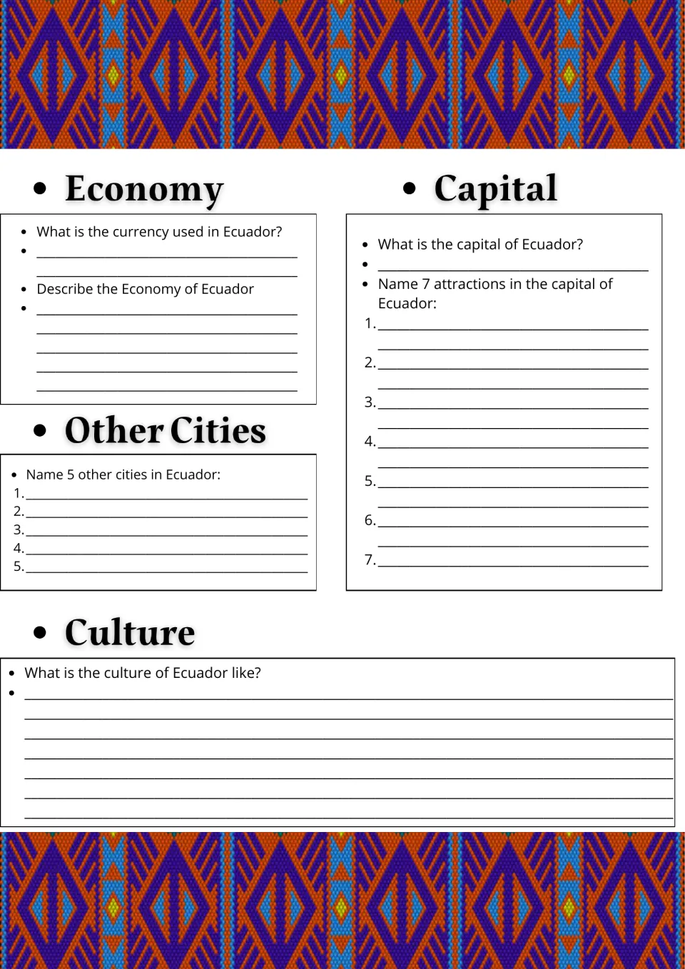 Ecuador economy and culture: students name the currency, list 5 other cities and 7 capital sights, and describe culture