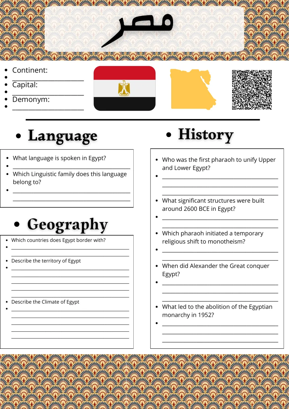 Egypt country study: students note continent and capital, then answer language, geography and pharaoh history questions