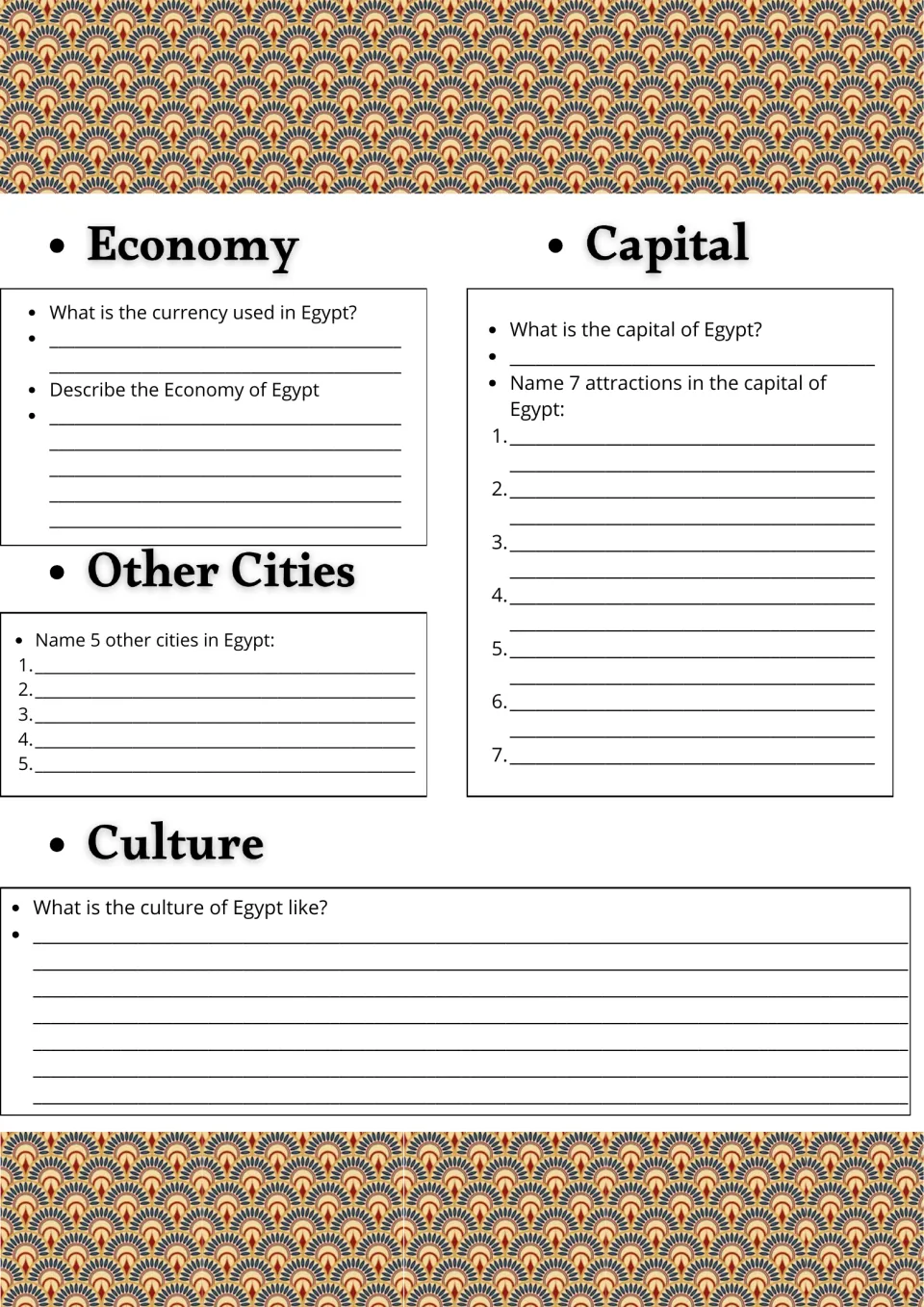 Egypt economy and culture: students name the currency, list 5 cities and 7 attractions in the capital, describe culture