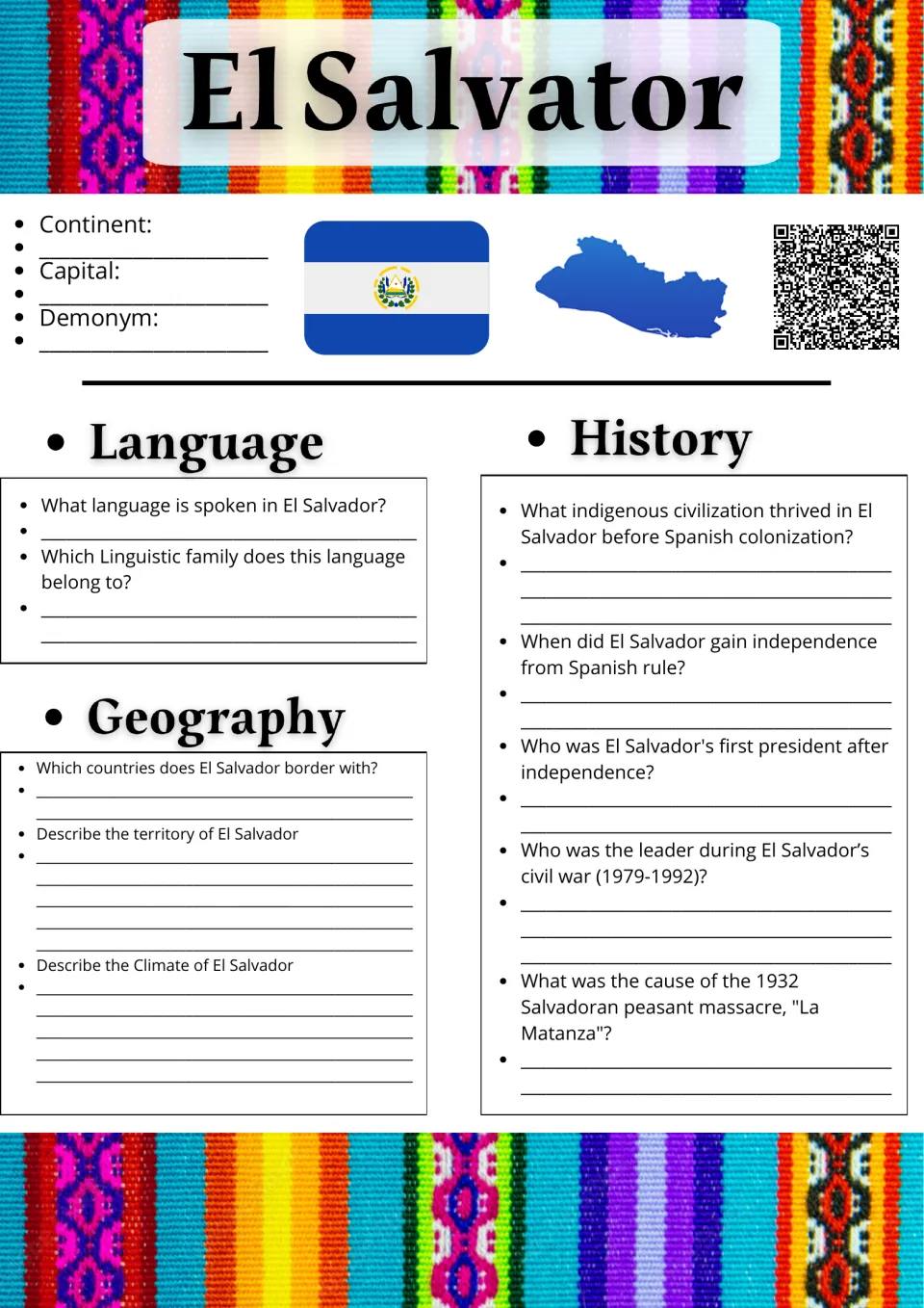 El Salvador basics: students note continent, capital and demonym, then answer language, geography and history questions