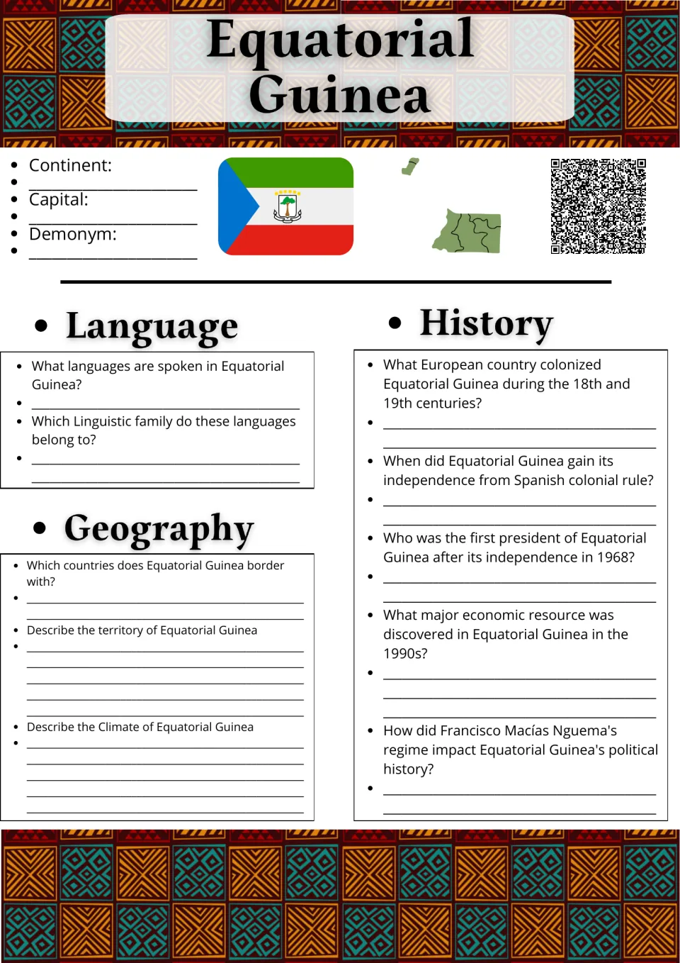 Equatorial Guinea research: students note capital and demonym, then answer language, geography and history questions