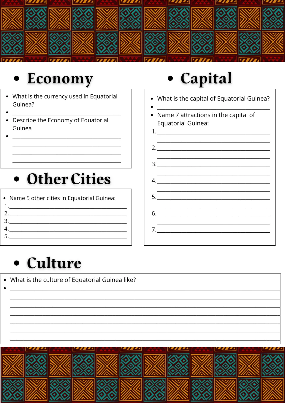 Equatorial Guinea economy and culture: students name the currency, 5 other cities and 7 attractions in the capital