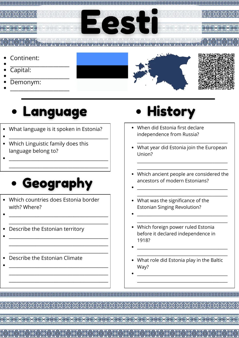 Eesti country study with flag and map: students answer questions on Estonia's language, geography and history