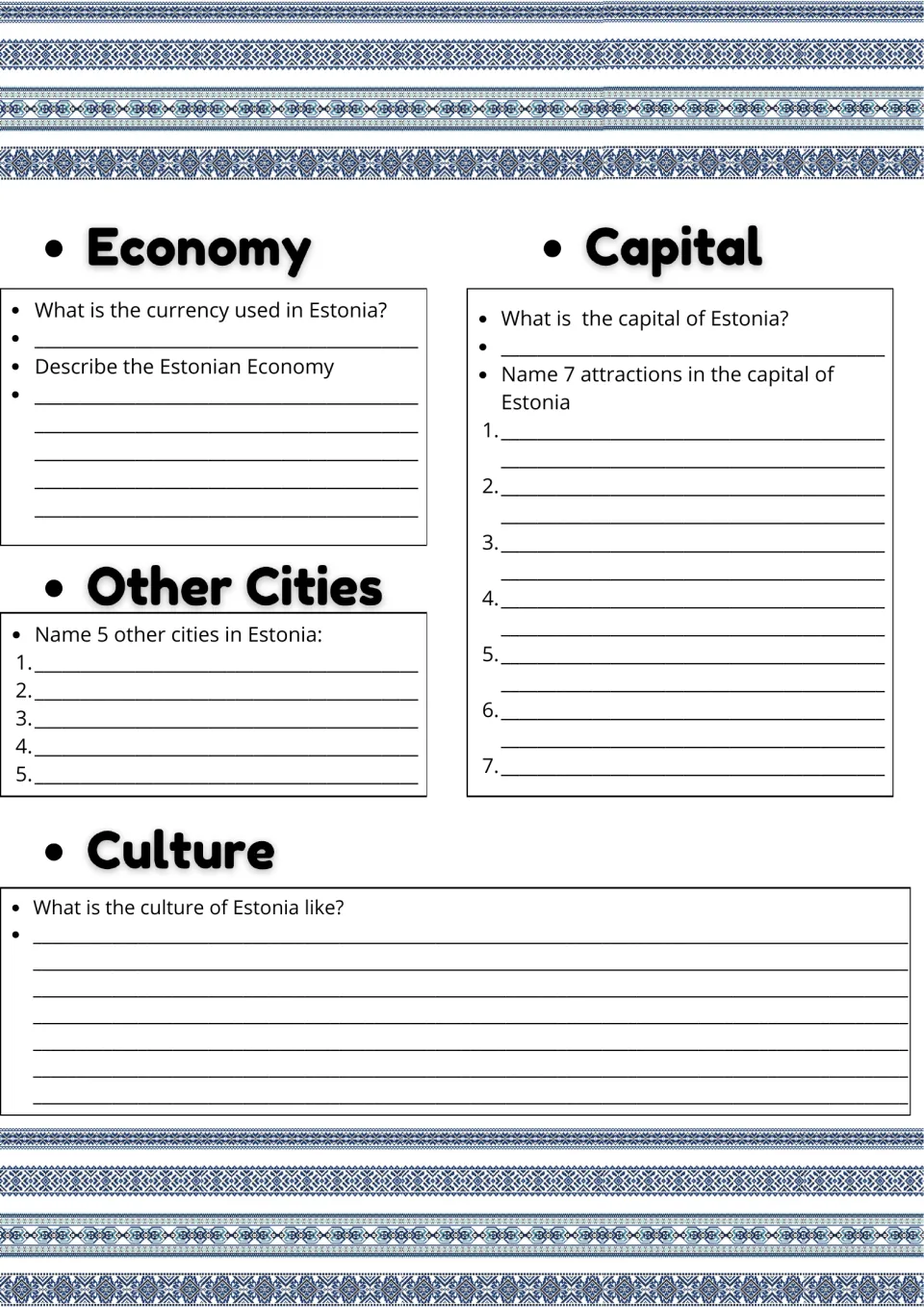 Estonia economy, capital and culture: students name the currency, 5 other cities, 7 capital attractions and describe culture