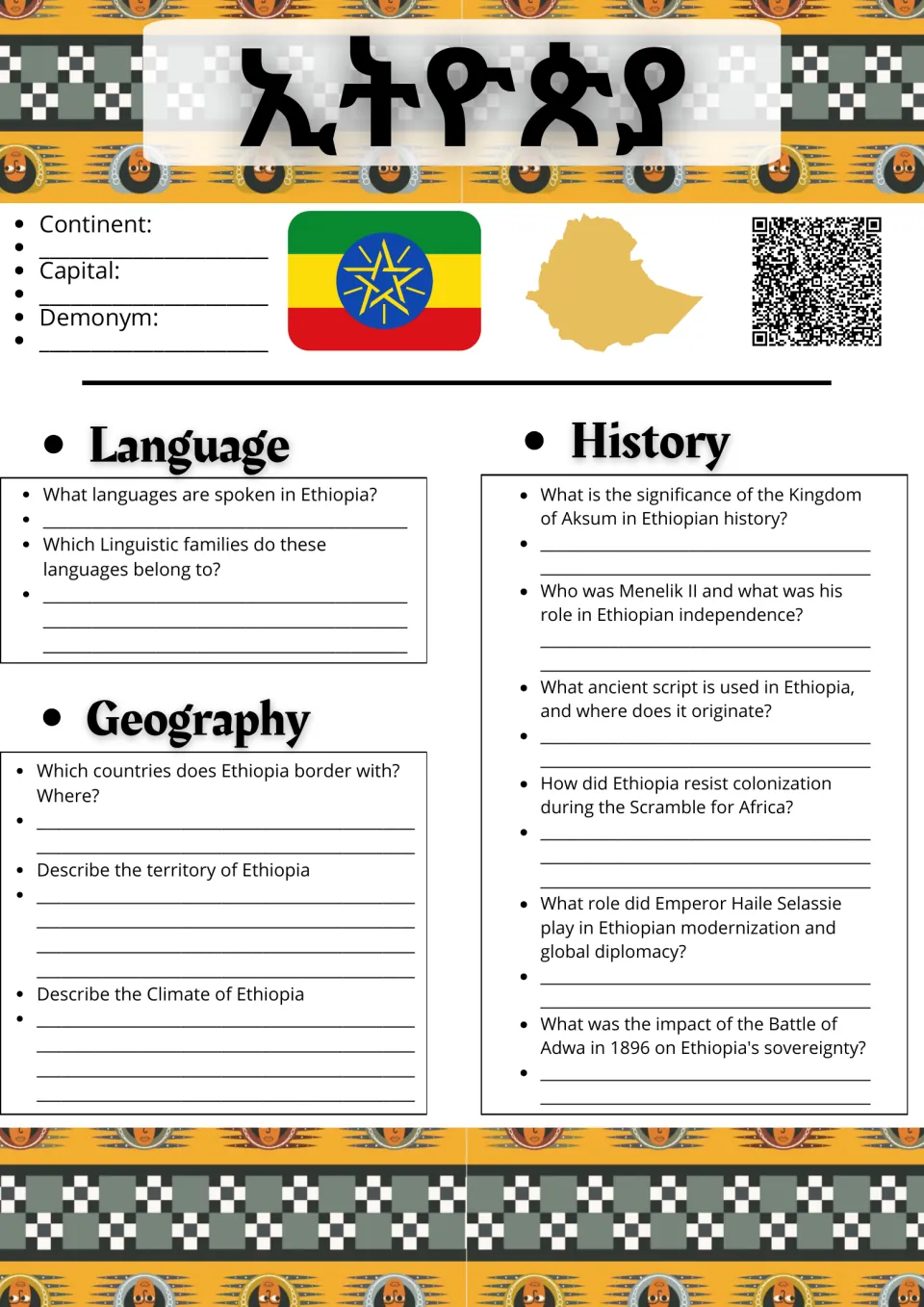 Ethiopia country study, page 1: basic facts, language, geography, and six history research questions.