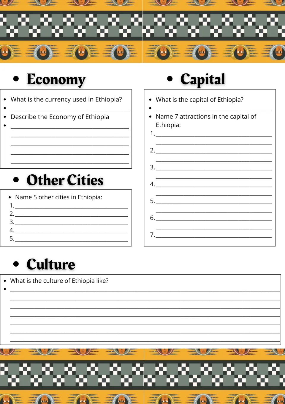 Ethiopia country study, page 2: economy, seven capital attractions, five other cities, and culture.