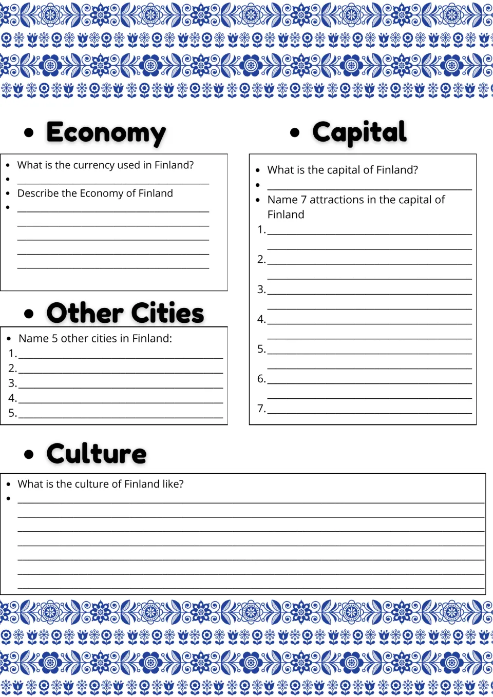 Economy, cities and culture of Finland: students give the currency, list 5 other cities and 7 attractions in the capital
