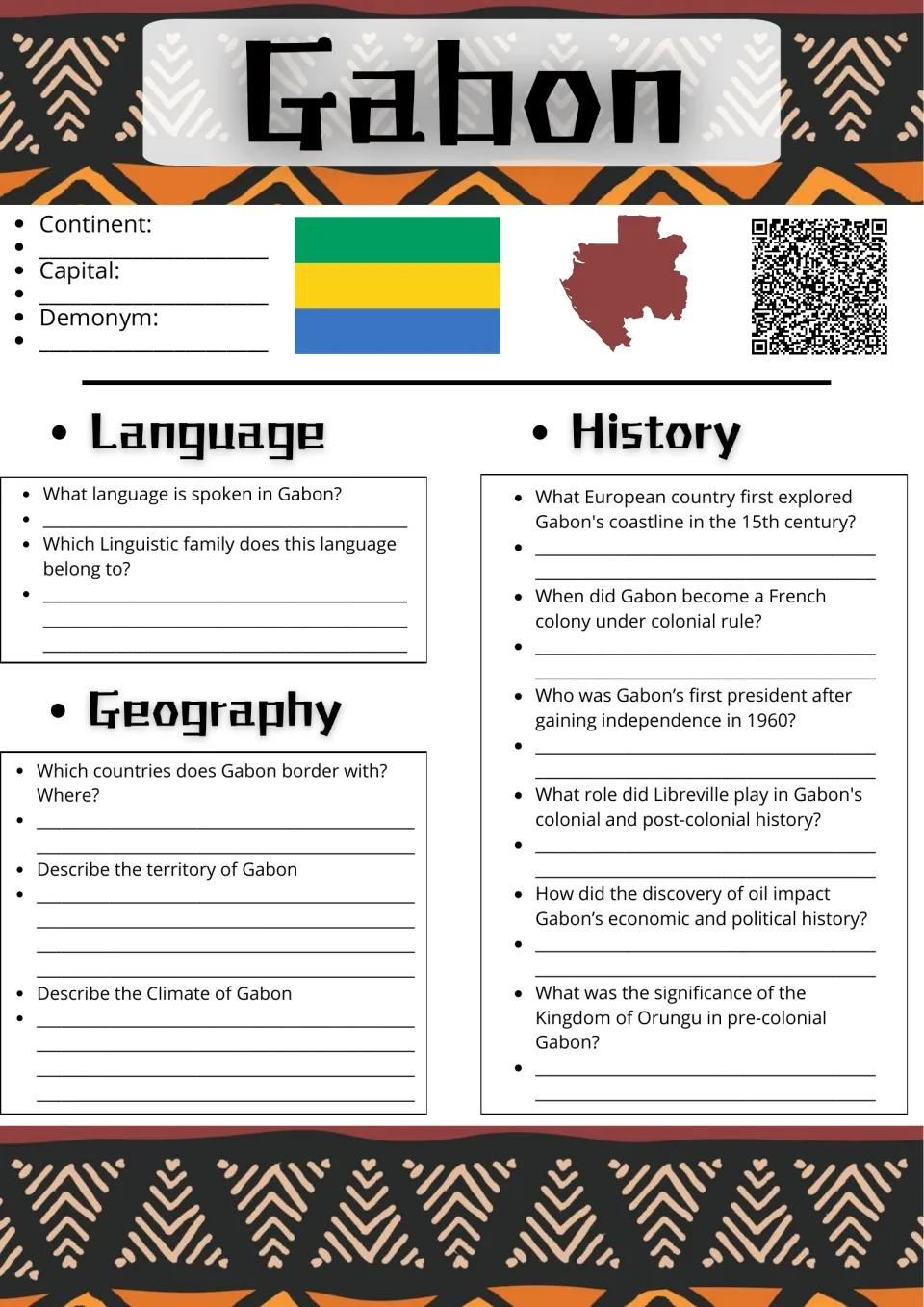 Gabon fact sheet with flag and map: students write the capital, then answer language, geography and history questions
