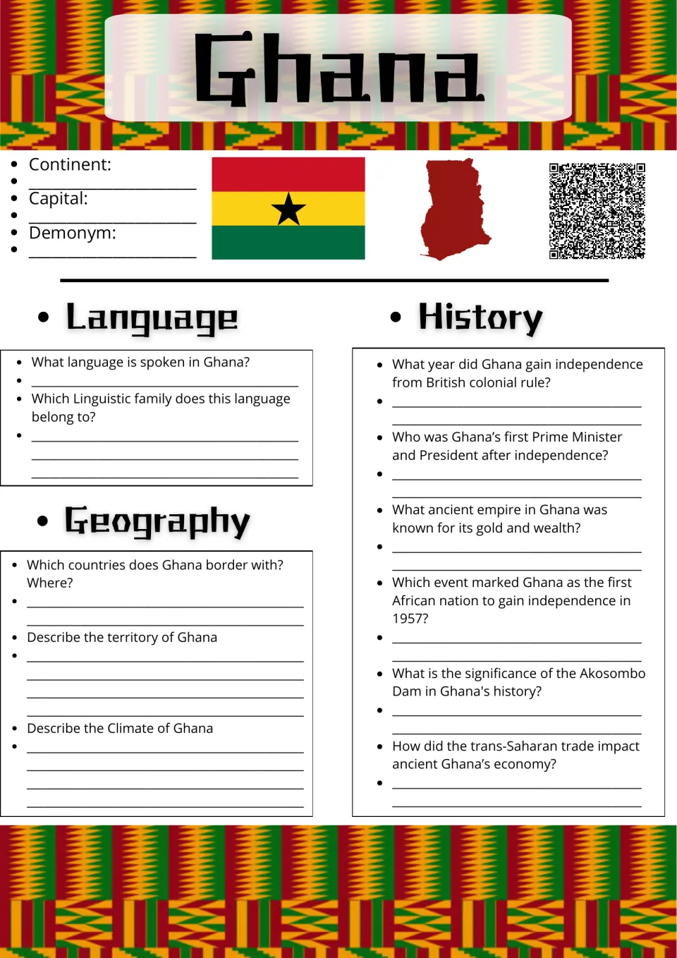 Ghana country study: students answer language, geography, climate and history questions, from independence to Akosombo Dam