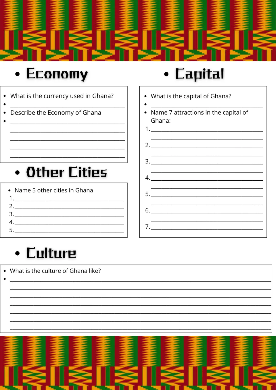 Ghana economy and culture: students name the currency, describe the economy and list 5 cities and 7 sights in the capital