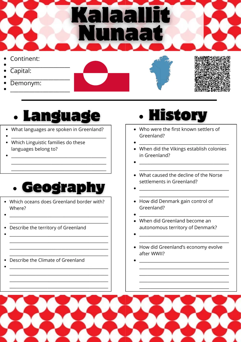 Kalaallit Nunaat (Greenland) research sheet: students answer language, geography and Norse-to-Danish history questions