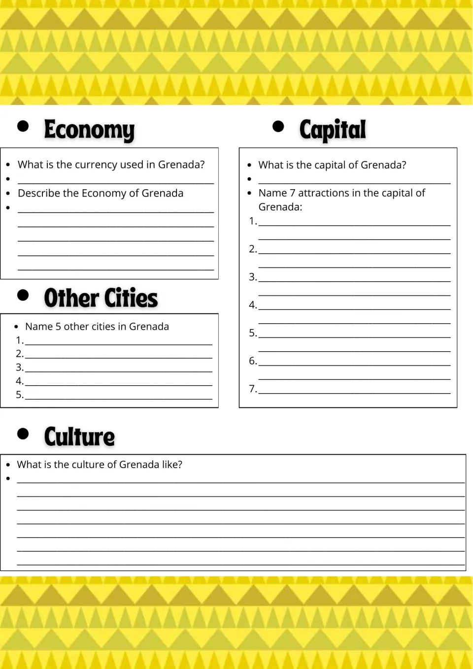 Grenada economy and culture: students name the currency, 5 other cities, 7 attractions in the capital and describe culture
