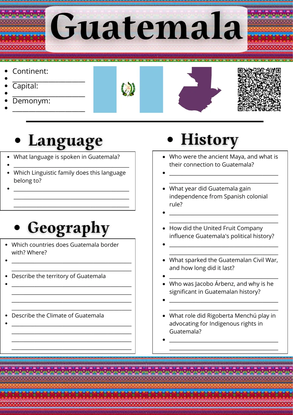 Guatemala country study: students note capital and demonym, then answer language, geography and Maya history questions