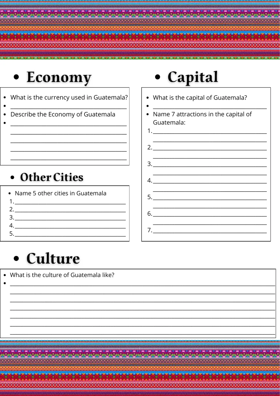 Guatemala economy and culture: students name the currency, 5 other cities and 7 capital attractions, then describe culture