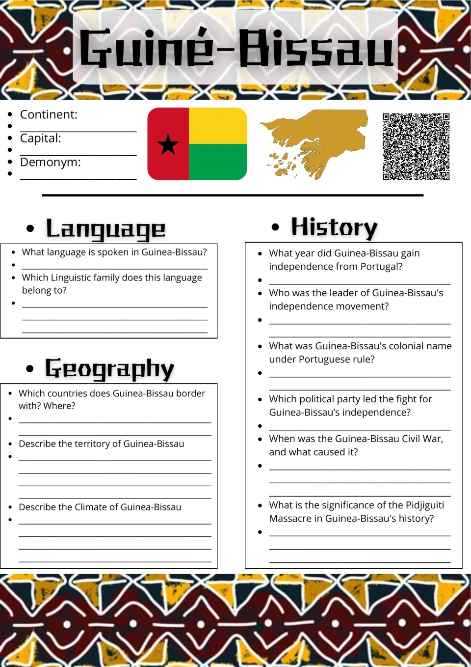 Guinea-Bissau basics: students fill in continent and capital, then answer language, borders, climate and history questions