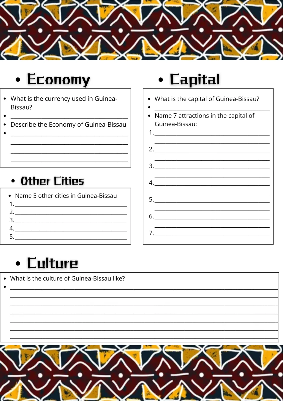 Guinea-Bissau economy and culture: students name the currency, the capital, 5 other cities and 7 capital attractions