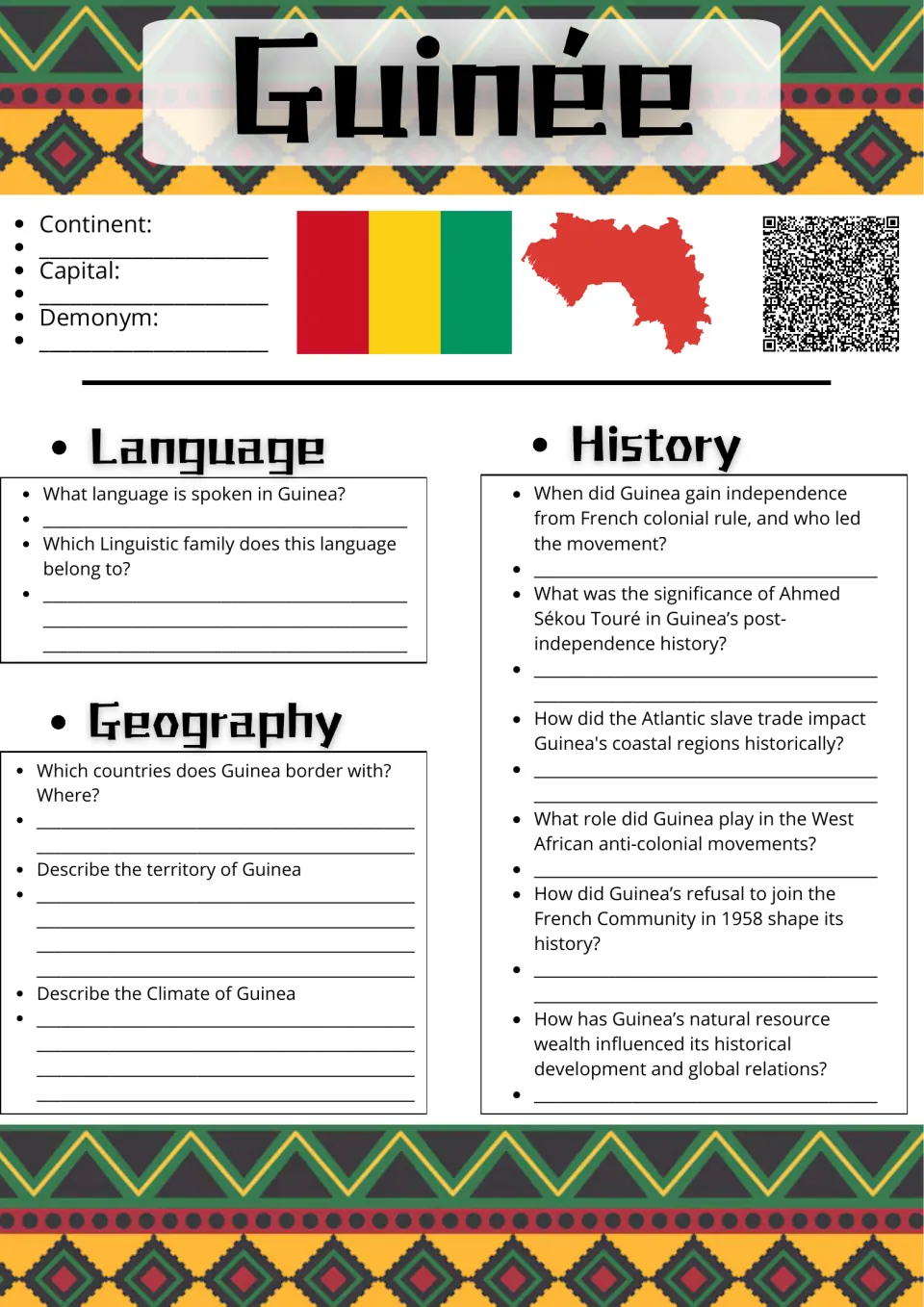 Guinée country study: students note capital and continent, then answer language, geography and history questions