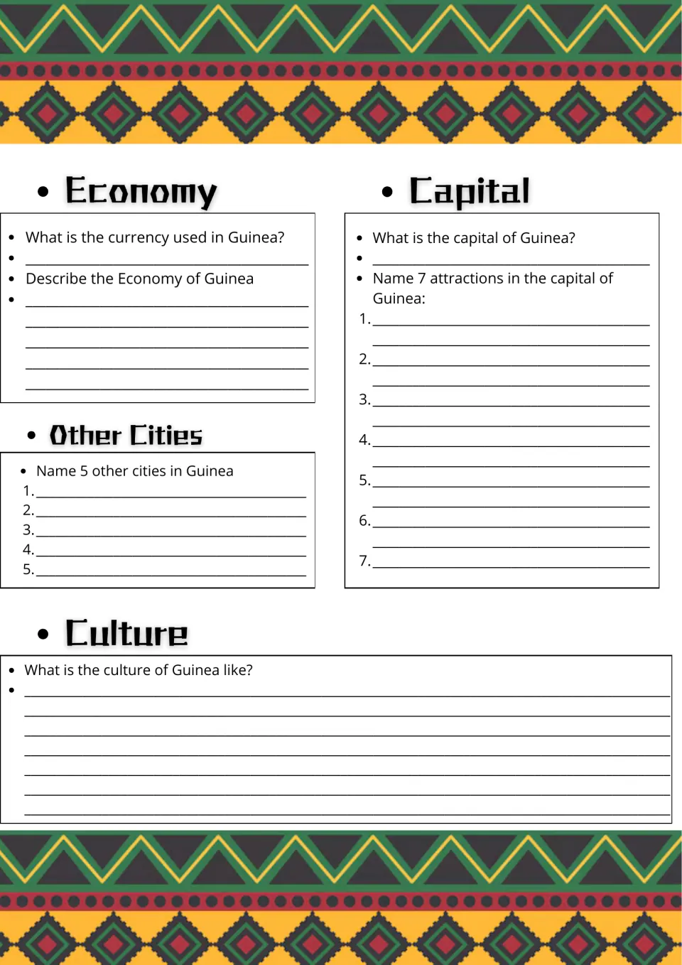 Guinea economy and culture: students name the currency, 5 other cities and 7 sights in the capital, then describe culture