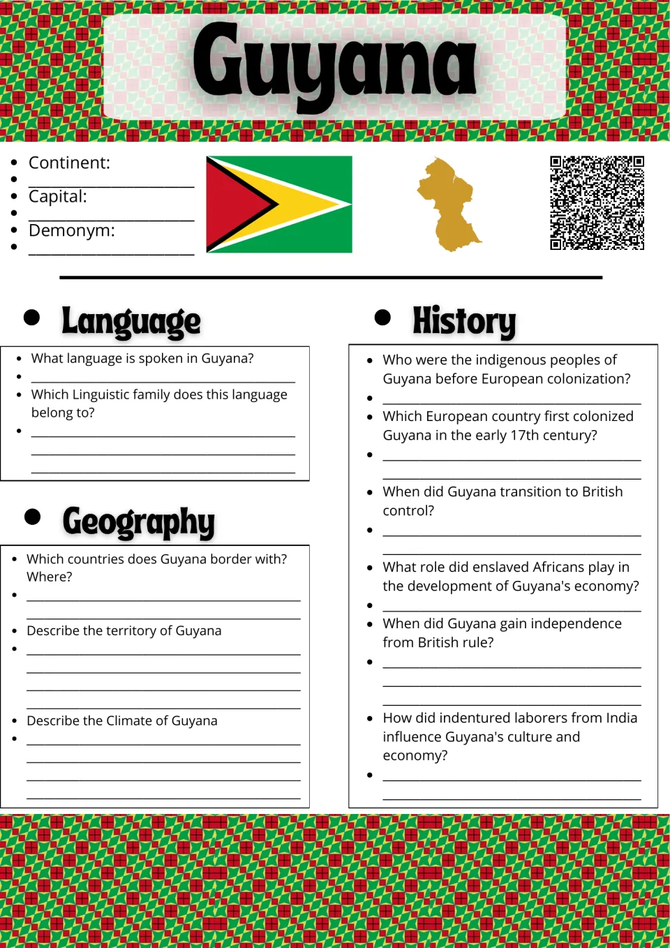 Guyana country study, part 1: continent, capital, demonym, language, geography, and six history questions